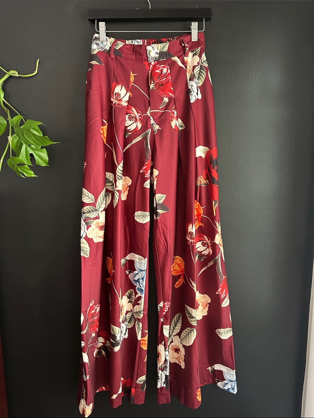 Burgundy Floral Wide-Leg Satin Pants